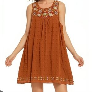Savanna Jane Boho Tunic Dress Womens Small Sienna Orange Peasant Embroidered
